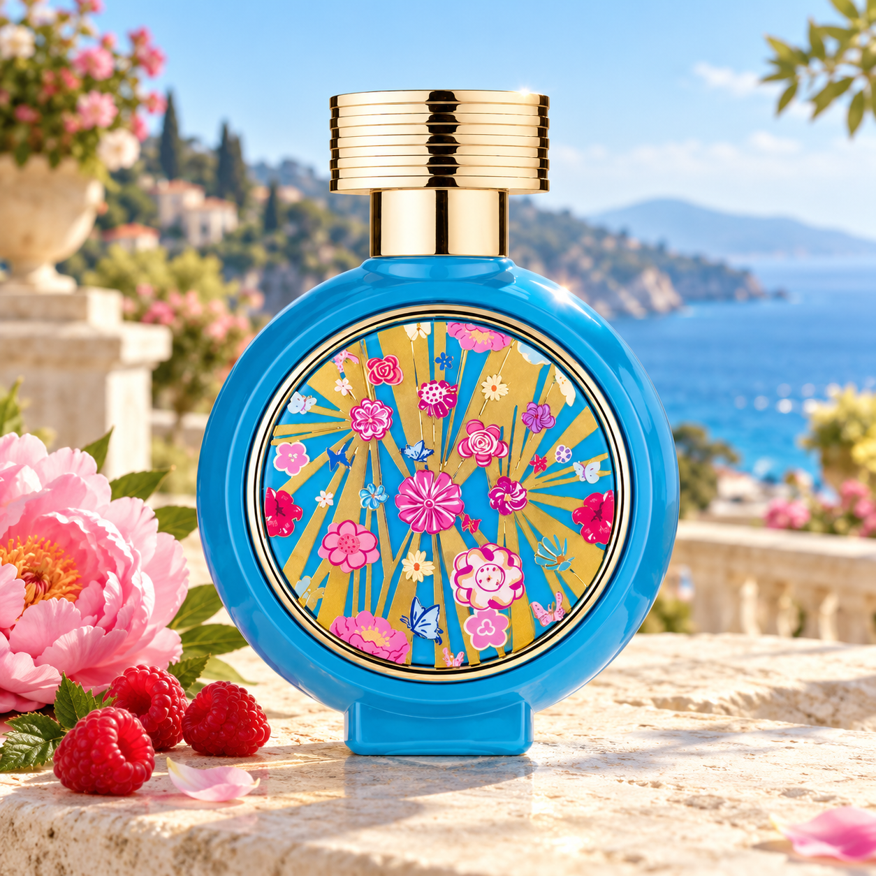 HFC Musk Flower perfume with a pink peony and raspberries on a sunlit terrace overlooking blue Mediterranean water.