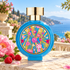HFC Musk Flower perfume with a pink peony and raspberries on a sunlit terrace overlooking blue Mediterranean water.