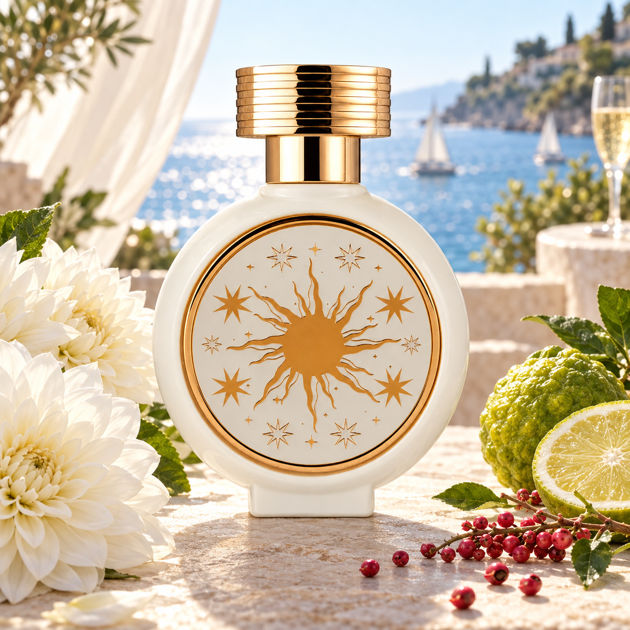 HFC SunMusk perfume bottle with golden sun artwork, white dahlias, bergamot, and pink peppercorns on a sunlit terrace overlooking the Mediterranean