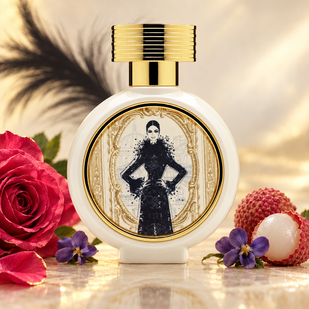 HFC Beautiful and Wild’s illustrated ivory-and-gold bottle beside a pink rose, lychees, and violet flowers in warm light.