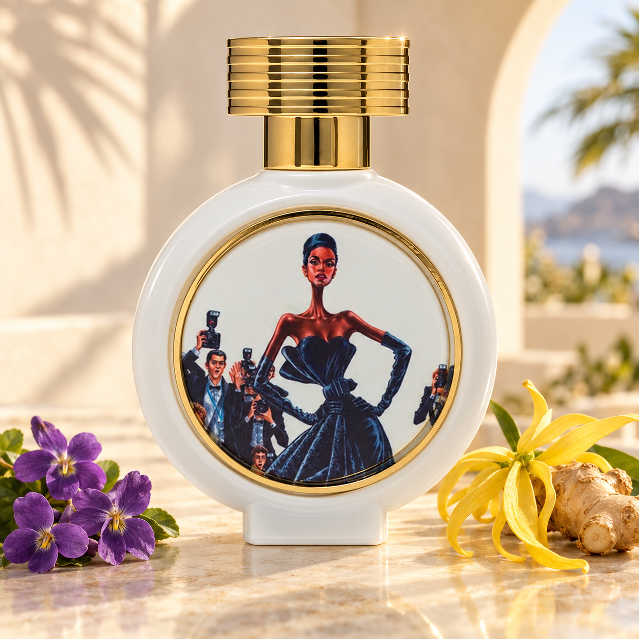 HFC Black Princess on sunlit cream stone with purple violets, yellow ylang-ylang, and ginger, framed by soft palm shadows and an arched terrace.