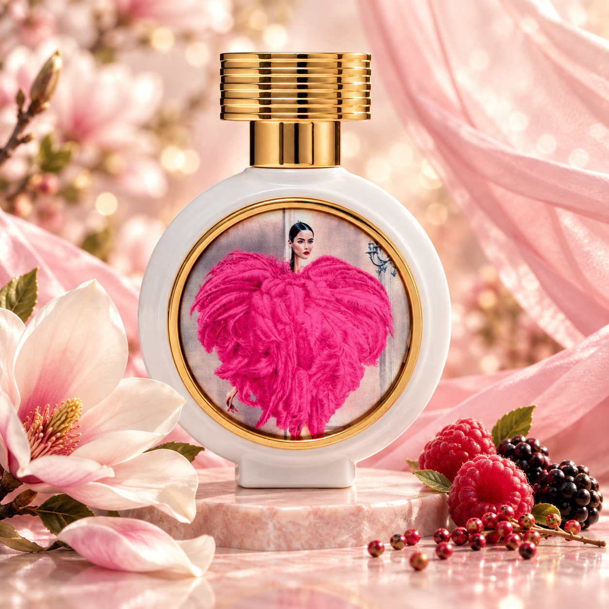 HFC Wear Love Everywhere perfume bottle with fuchsia fashion artwork, surrounded by magnolia, berries, and pink peppercorns against flowing blush-pink fabric.