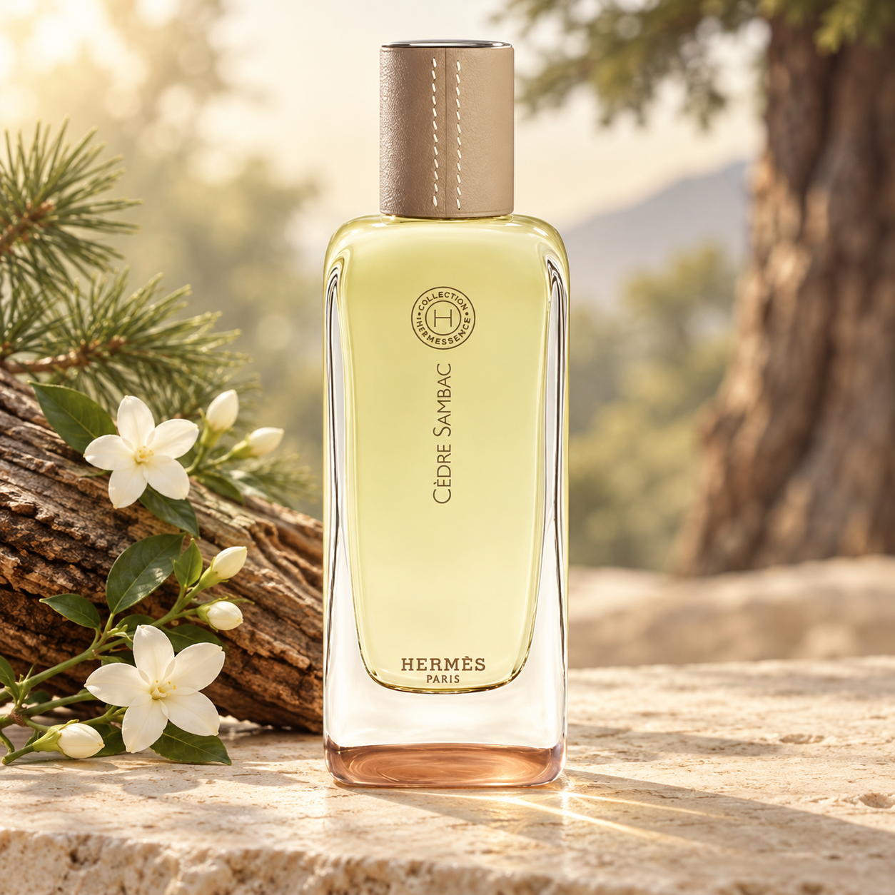 Hermès Cèdre Sambac on pale limestone beside cedar wood entwined with white jasmine blossoms, with softly blurred trees in warm morning light.