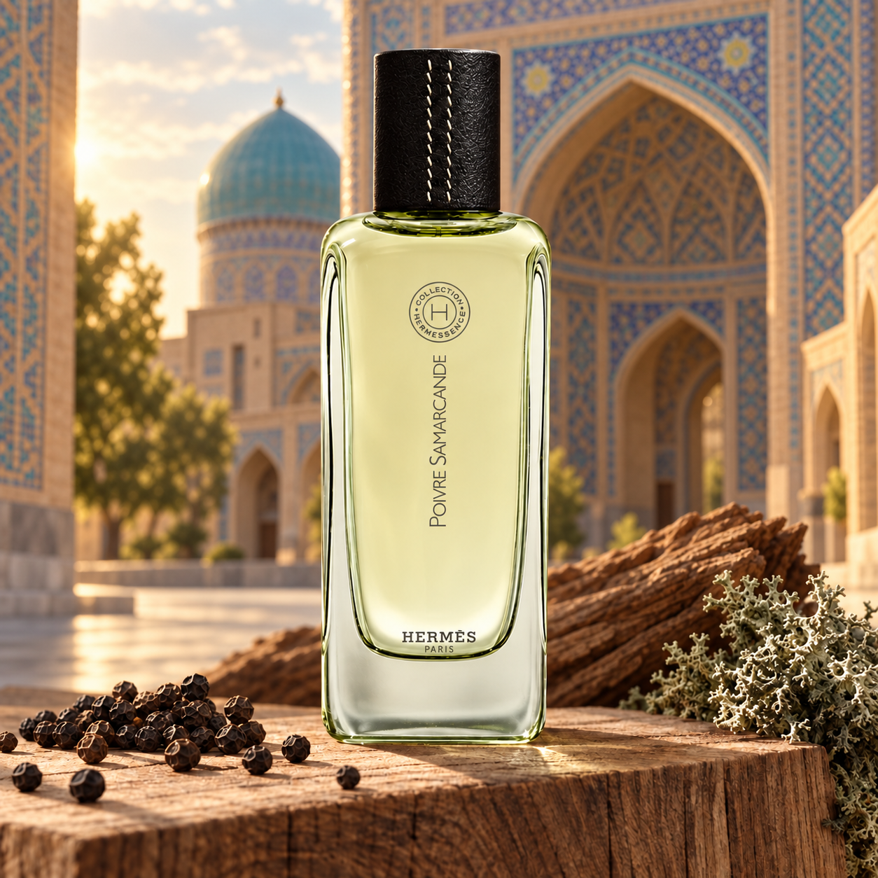 Hermès Poivre Samarcande perfume bottle with peppercorns, wood, and oakmoss before a sunlit Samarkand-inspired courtyard with turquoise domes and mosaic arches.