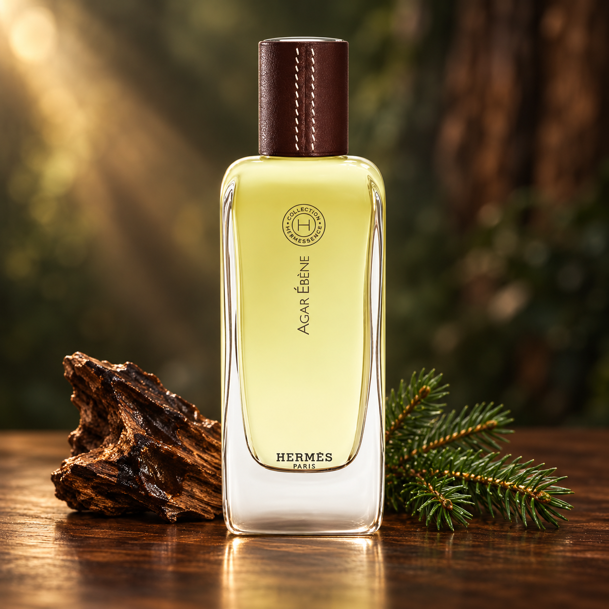 Hermès Agar Ébène beside dark agarwood and green fir branches on a wooden surface, illuminated by warm light against a blurred woodland background.