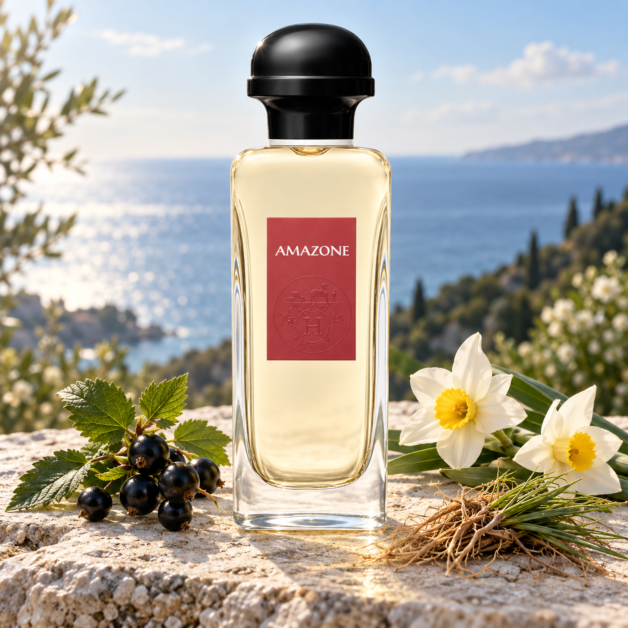 Hermès Amazone stands with blackcurrants, narcissus flowers, and vetiver roots on sunlit stone overlooking the sea.