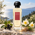 Hermès Amazone stands with blackcurrants, narcissus flowers, and vetiver roots on sunlit stone overlooking the sea.