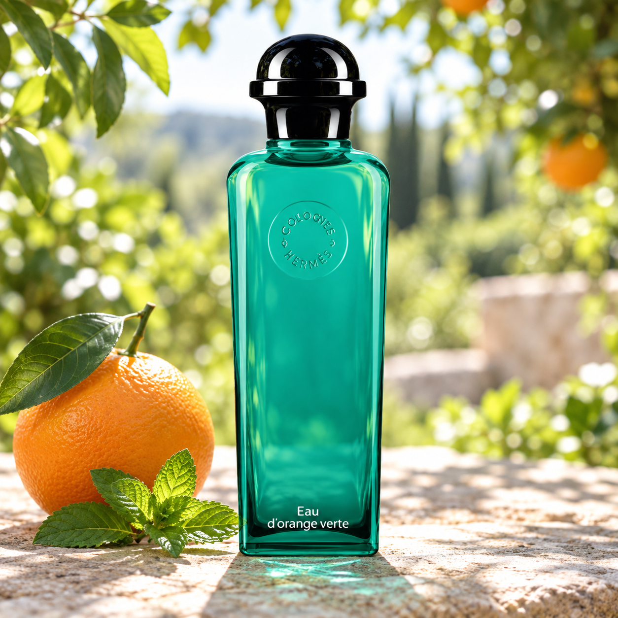 Hermès Eau d’Orange Verte green bottle with a whole orange and mint on sunlit stone in a leafy citrus garden.