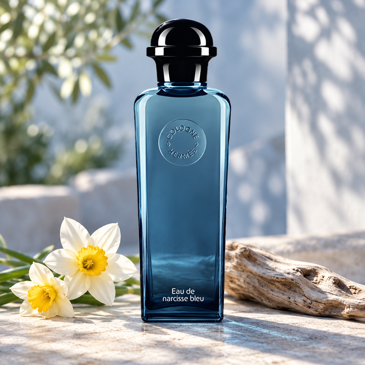 Hermès Eau de Narcisse Bleu blue bottle with narcissus flowers and weathered wood on pale stone in cool morning light.
