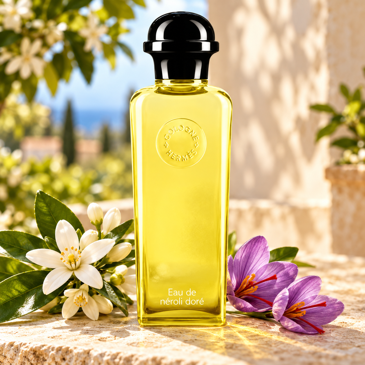 Hermès Eau de Néroli Doré yellow bottle with white neroli blossoms and purple saffron crocuses on sunlit Mediterranean stone.