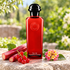 Hermès Eau de Rhubarbe Écarlate red bottle beside rhubarb stalks, red currants and lantana flowers on sunlit garden stone.