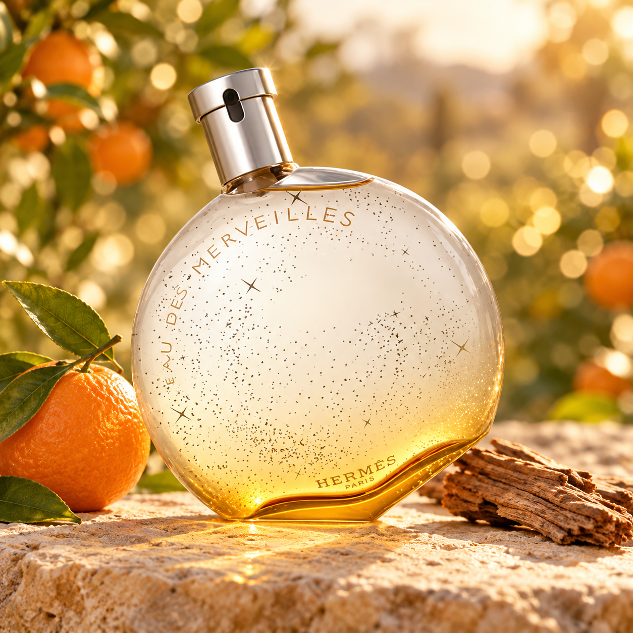 Hermès Eau des Merveilles star-speckled bottle beside a whole orange and cedar wood on stone in soft golden orchard light.