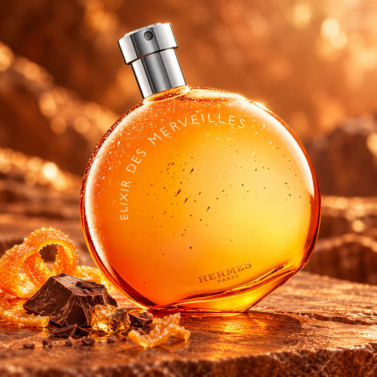 Hermès Elixir des Merveilles perfume with candied orange peel, dark chocolate and resin on warm terracotta stone.