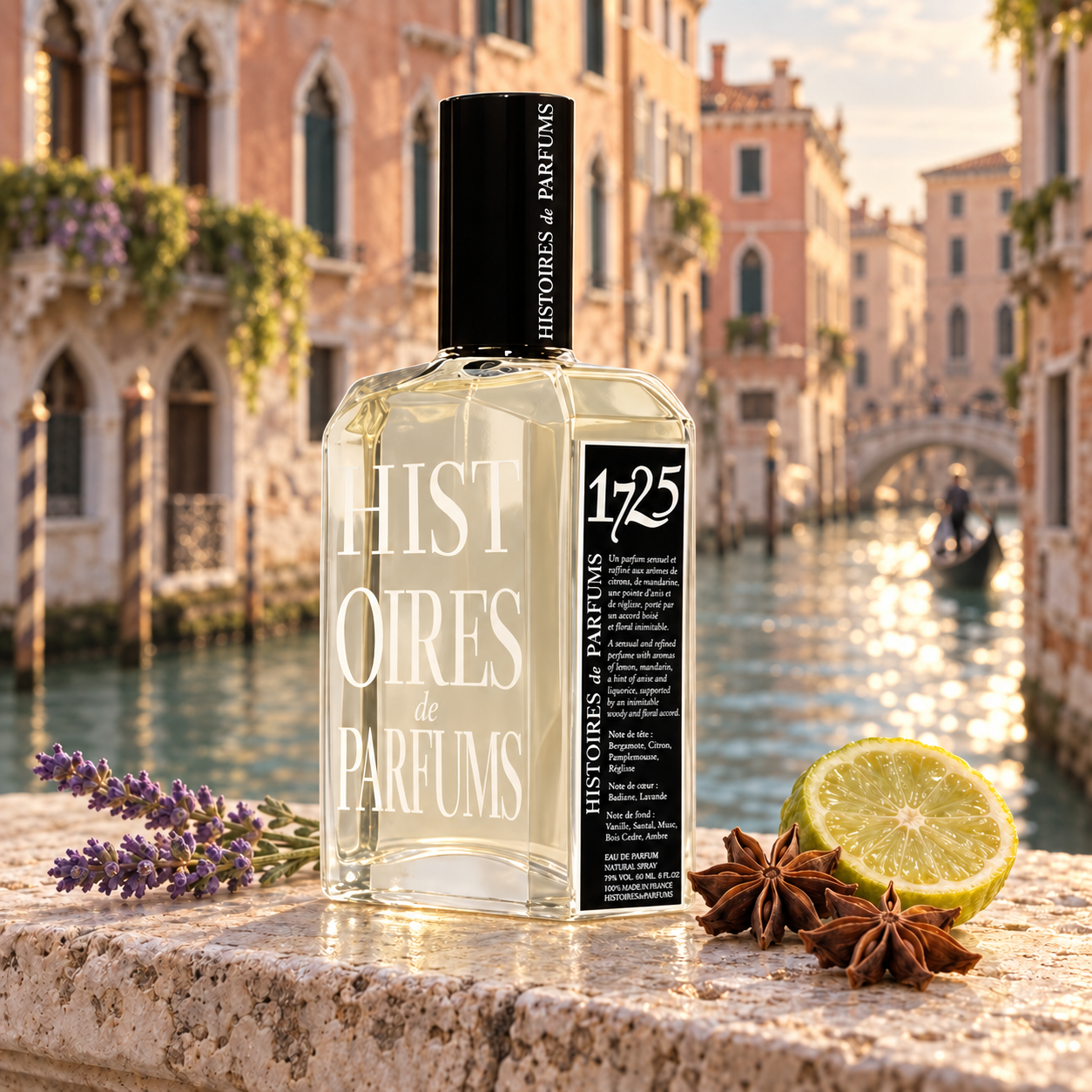 Histoires de Parfums 1725 with lavender, star anise, and citrus beside a sunlit Venetian canal.