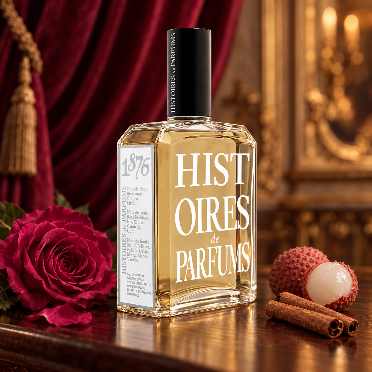 Histoires de Parfums 1876 bottle with a red rose, lychees, and cinnamon on polished wood against burgundy curtains.