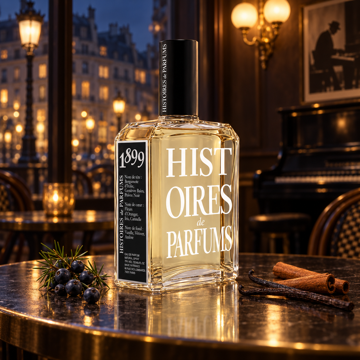 Histoires de Parfums 1899 bottle with juniper berries, cinnamon, and vanilla pods in a warmly lit Parisian café at night.