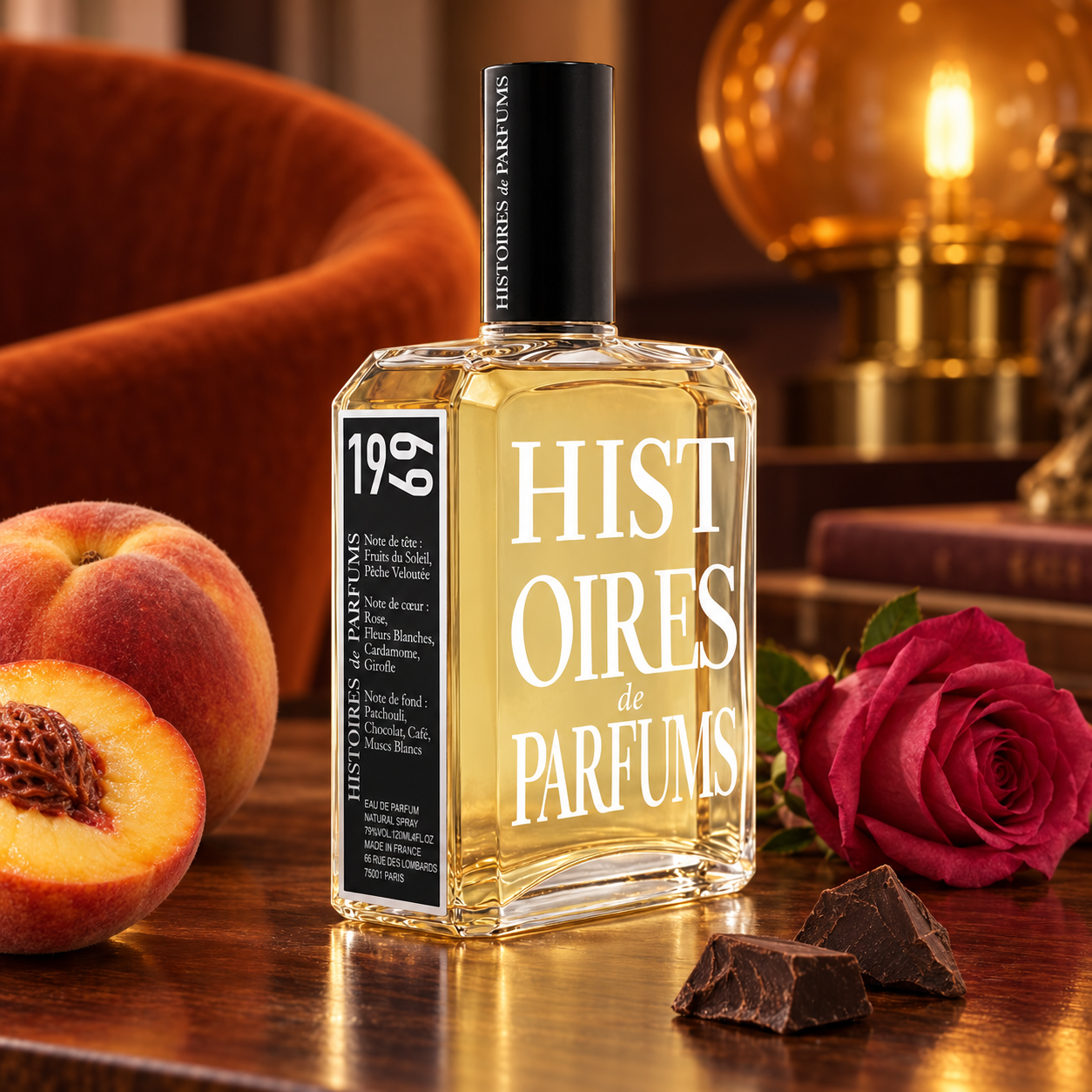 Histoires de Parfums 1969 bottle with peach, rose, and dark chocolate on a wooden table in a warmly lit vintage lounge.