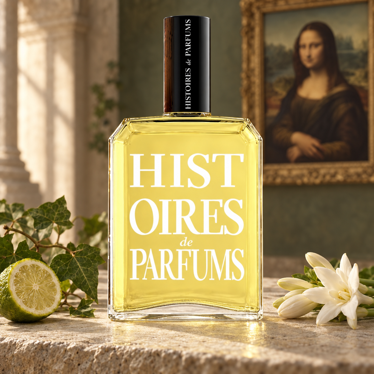 Histoires de Parfums 7753 bottle with ivy, bergamot, and white tuberose on stone, with a softly blurred Mona Lisa behind it.