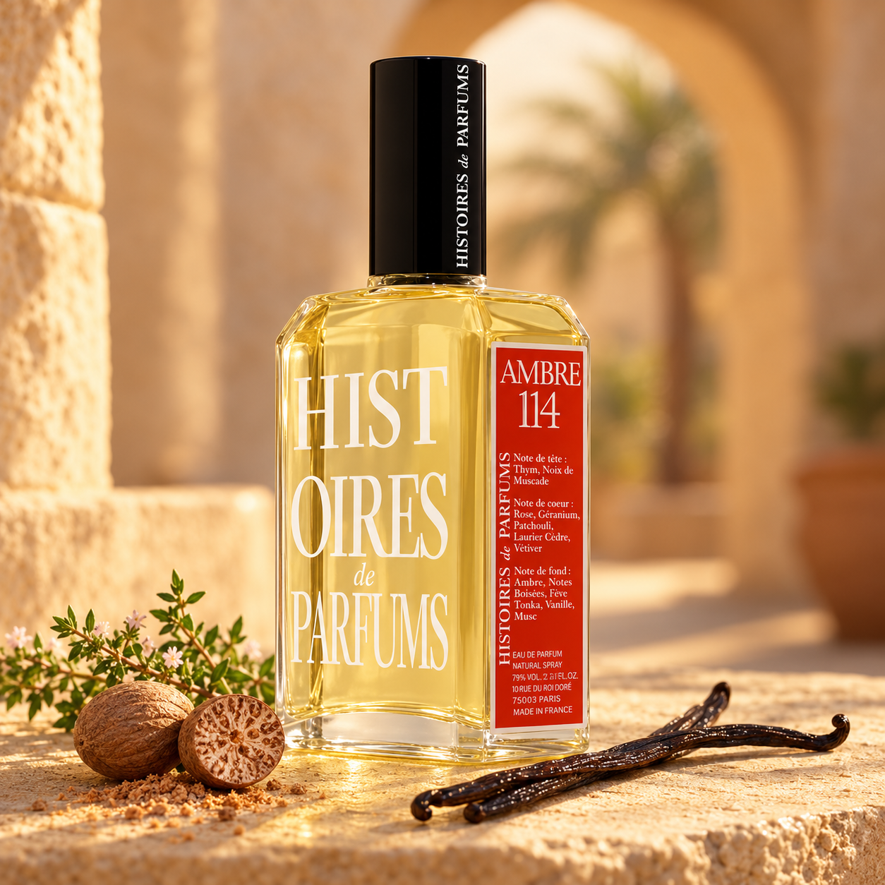 Histoires de Parfums Ambre 114 on sunlit stone with nutmeg, thyme, and vanilla pods against a softly blurred courtyard arch.
