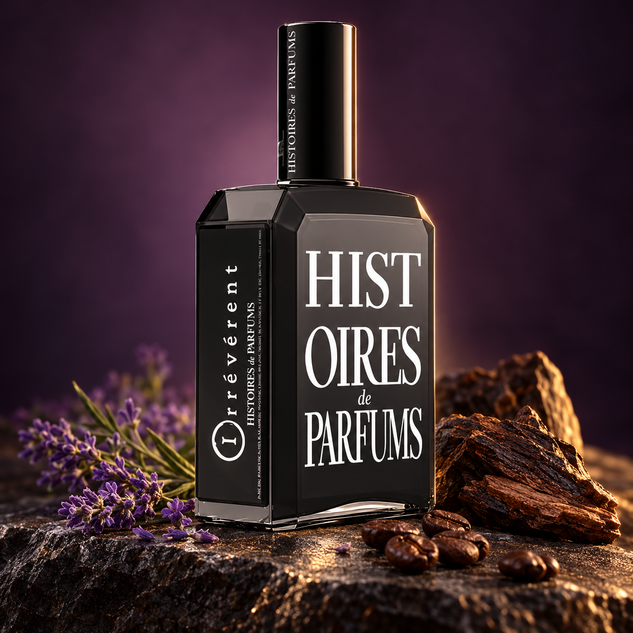 Histoires de Parfums Irrévérent on dark stone with lavender, oud wood and coffee beans against a softly lit plum backdrop.