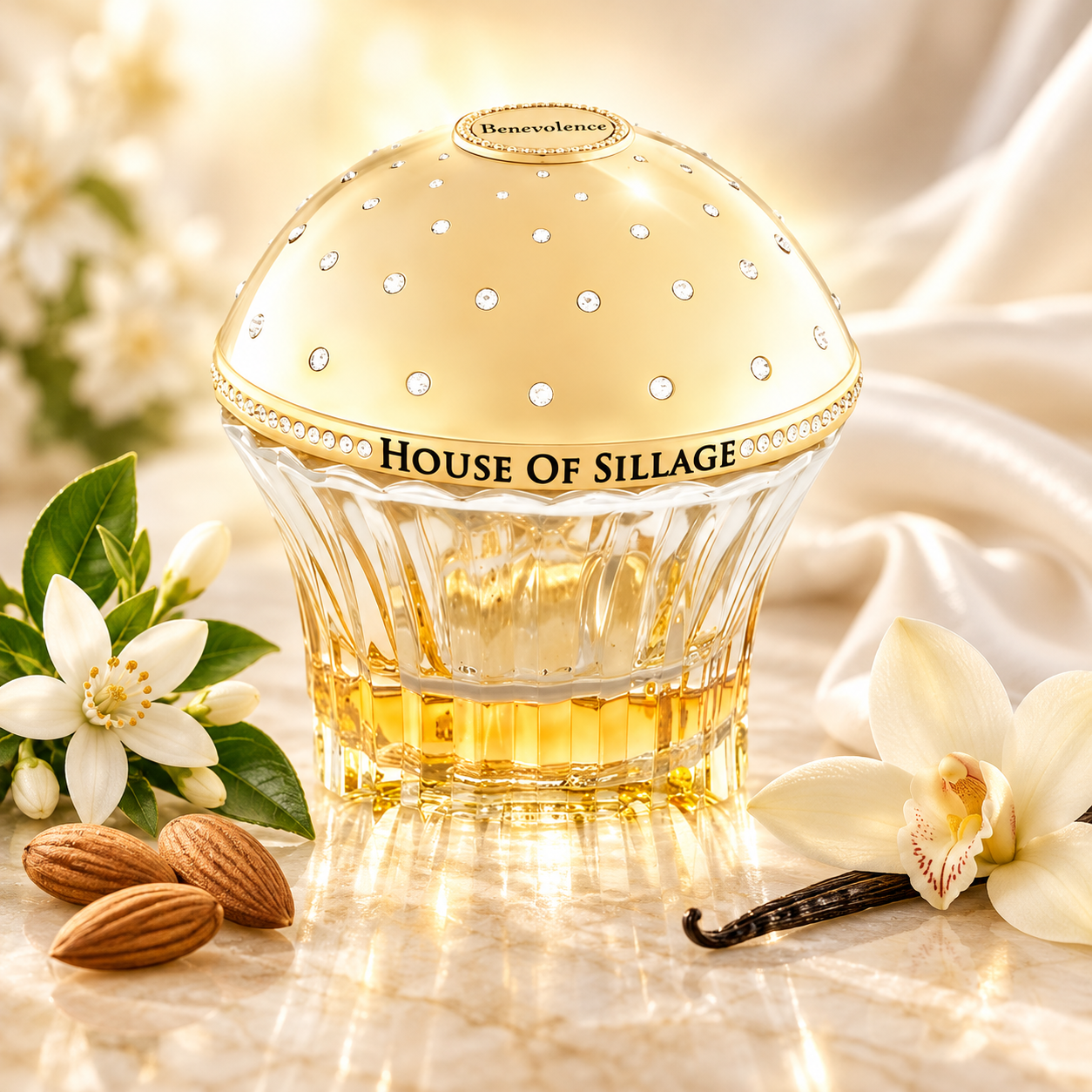 House of Sillage Benevolence beside orange blossoms, almonds, and a vanilla orchid on ivory stone, surrounded by soft silk and golden light.