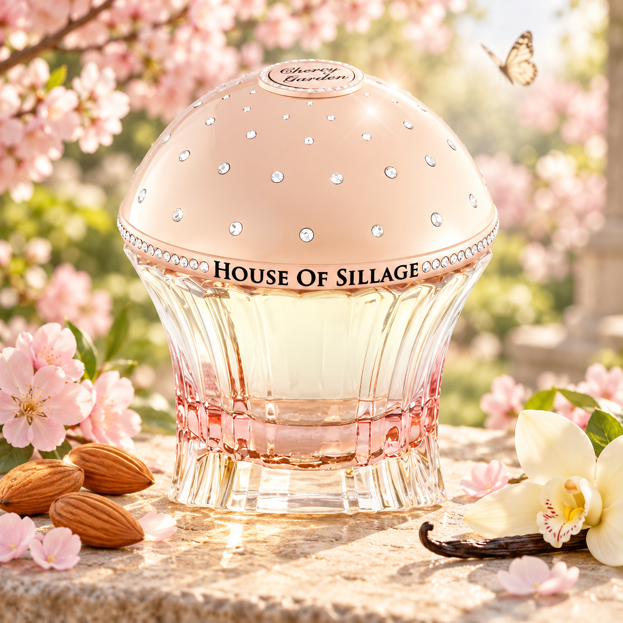 House of Sillage Cherry Garden on sunlit stone beside almonds, vanilla, and pink blossoms, with a butterfly in the garden behind it.