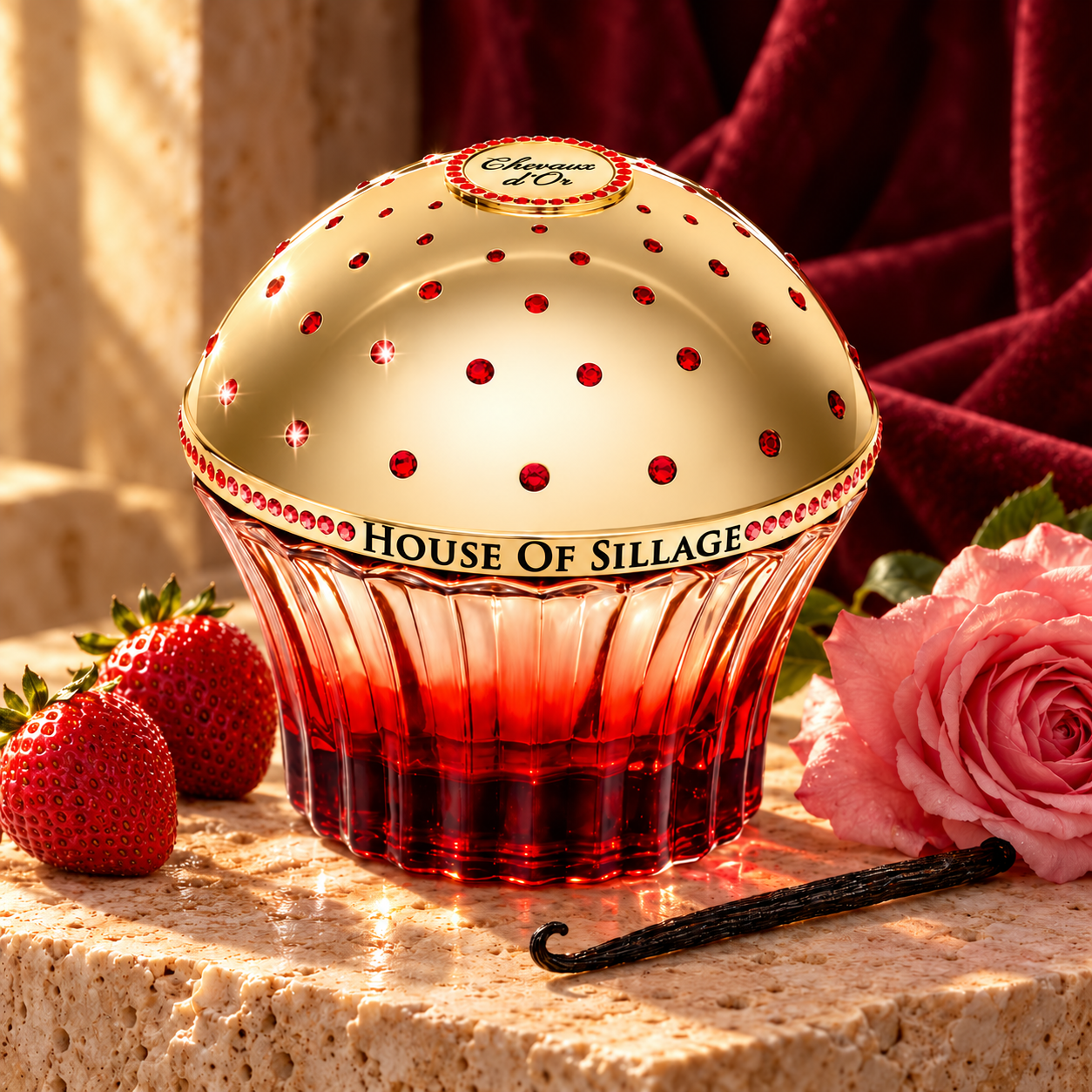 House of Sillage Chevaux d’Or on warm stone beside strawberries, a pink rose, and vanilla, against burgundy velvet in golden light.