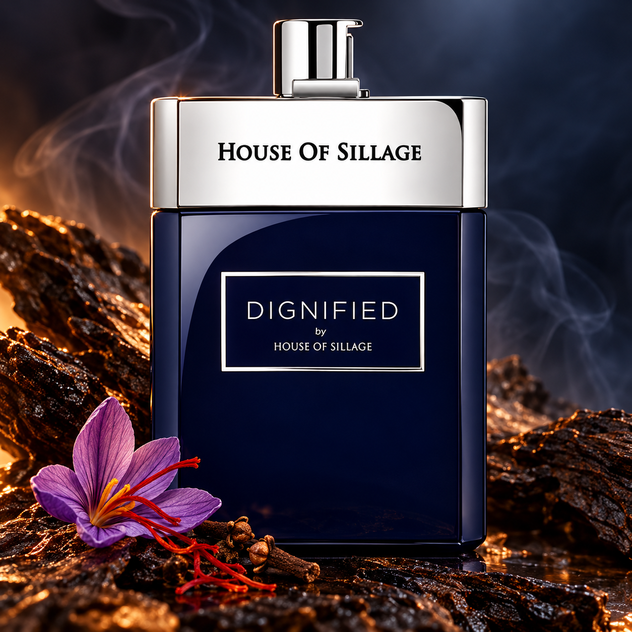 House of Sillage Dignified navy bottle with a saffron crocus and cloves on dark agarwood, framed by smoke and amber light.
