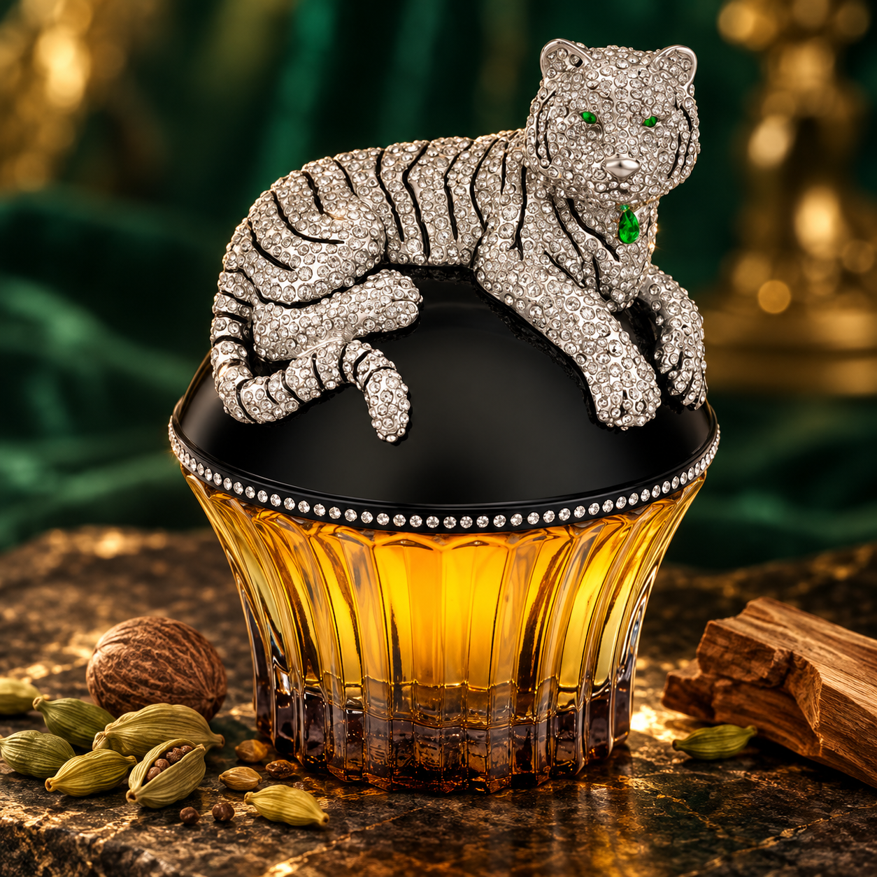 House of Sillage Emerald Reign perfume with its jeweled tiger cap beside cardamom, nutmeg and wood against emerald fabric.
