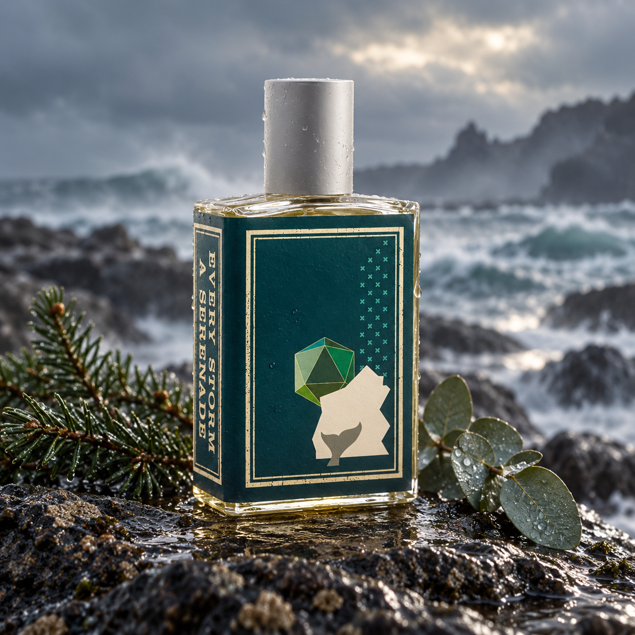 Imaginary Authors Every Storm a Serenade bottle with spruce and eucalyptus on wet rocks beside a stormy sea.