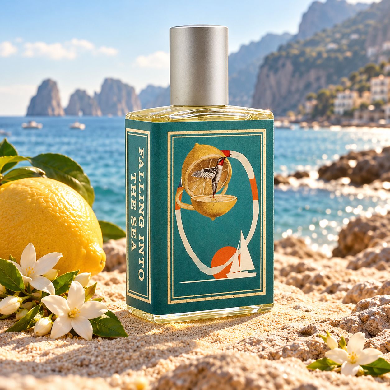 Imaginary Authors Falling Into The Sea bottle with lemon and white blossoms on sunlit sand beside a Mediterranean bay.