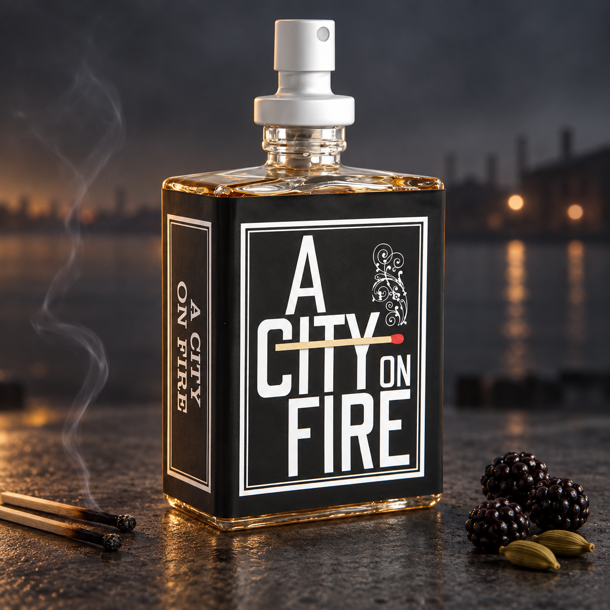 A City on Fire bottle beside burnt matches, blackberries, and cardamom against a softly blurred waterfront at dusk.