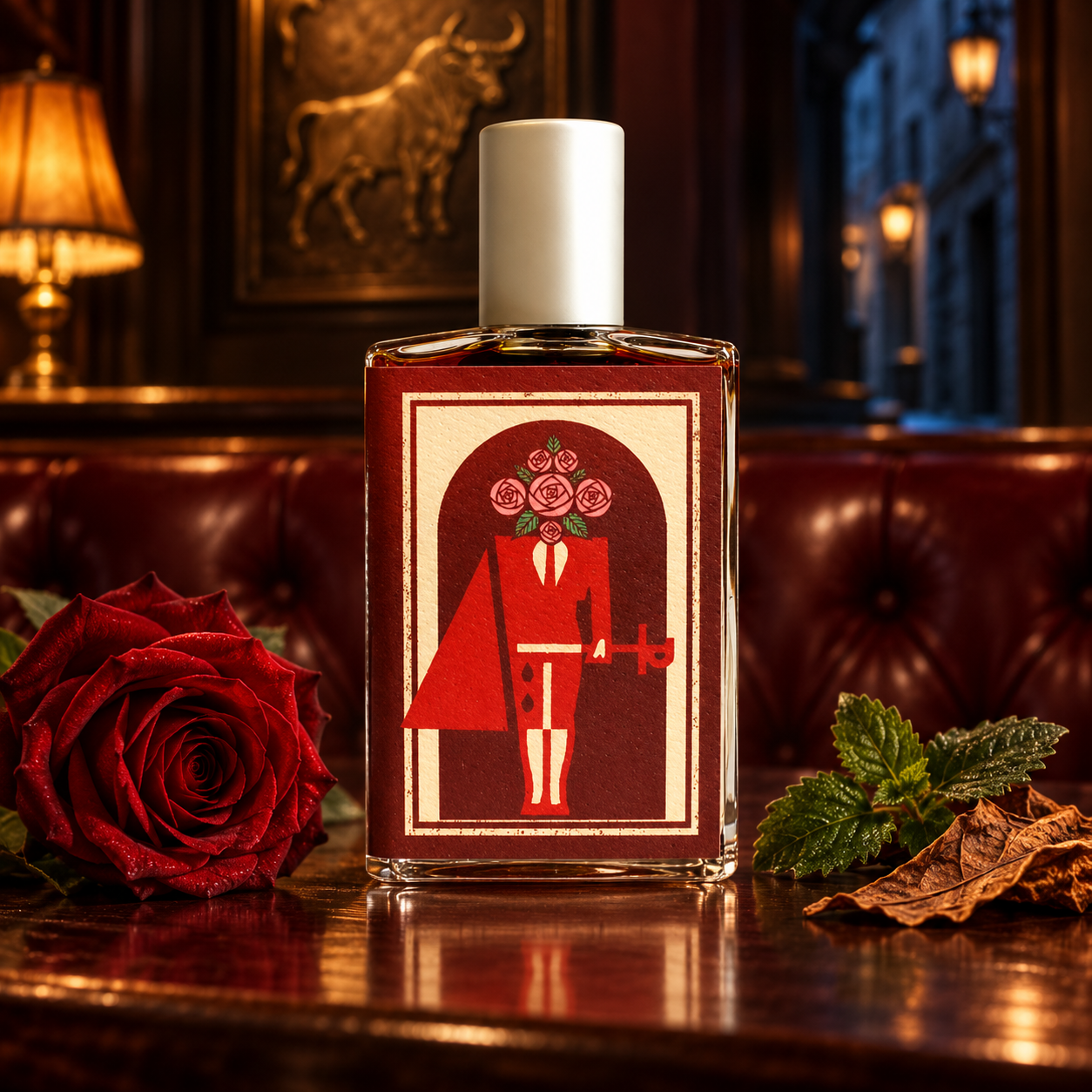 Imaginary Authors Bull’s Blood beside a dark red rose, patchouli, and tobacco on a polished bar table, with oxblood leather seating and warm lamplight.