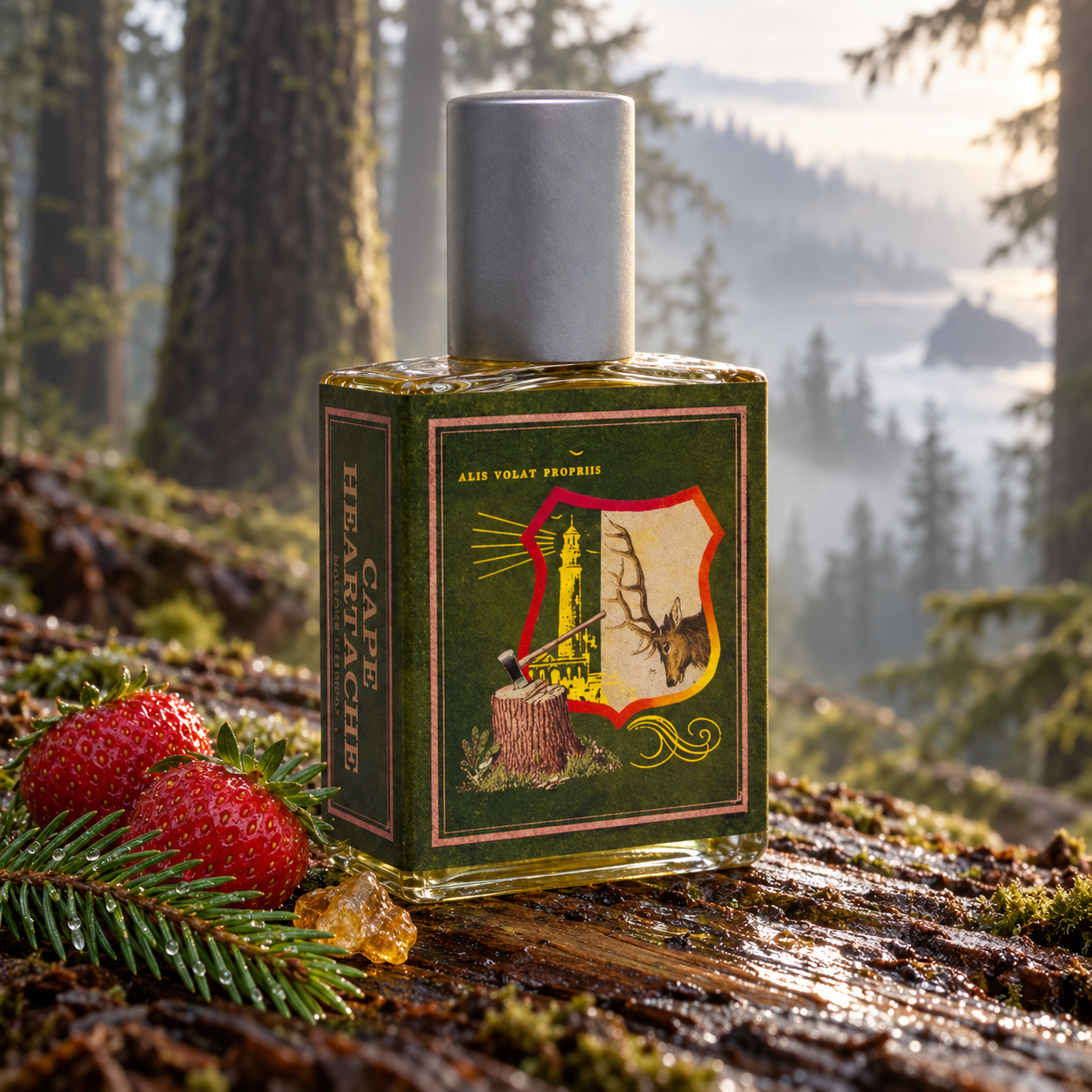 Imaginary Authors Cape Heartache on a damp forest log with strawberries, fir needles, and golden resin against misty coastal woods.