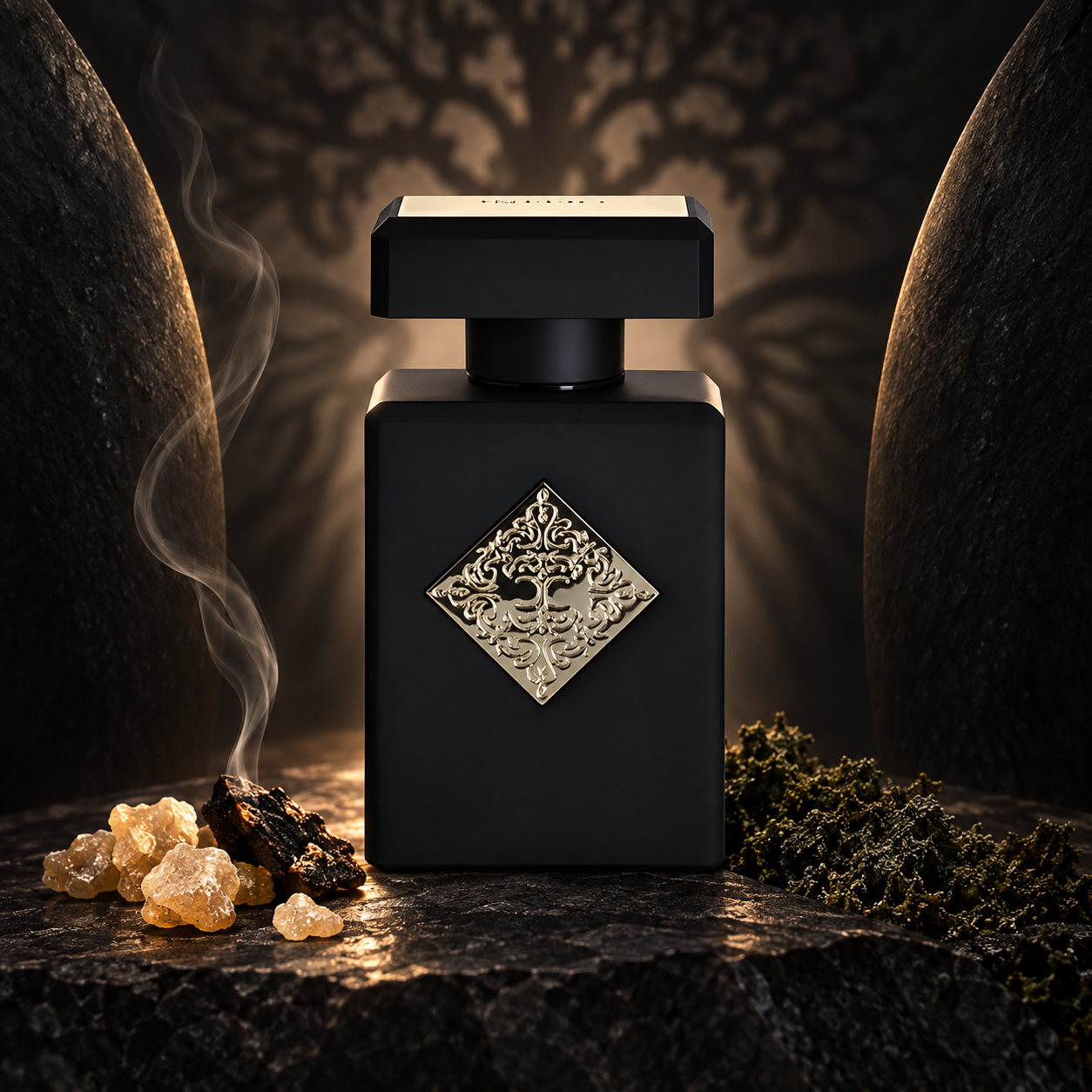 Initio Parfums Privés Magnetic Blend 8 stands between curved black stone forms, framed by a branching shadow, olibanum resin, incense smoke, and dark oakmoss.