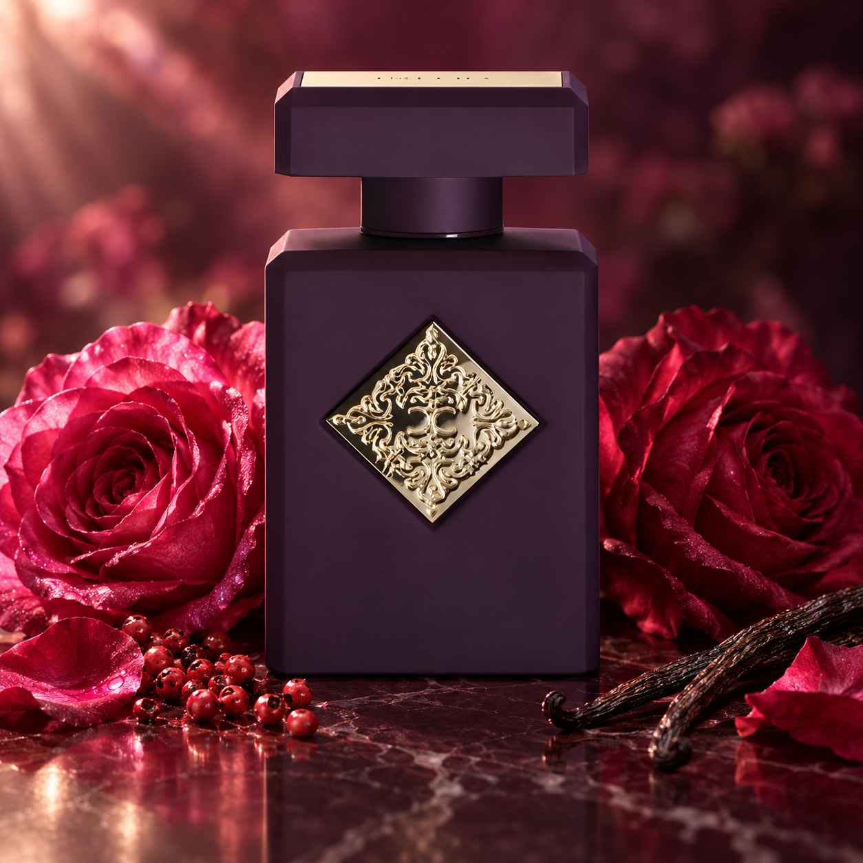 Initio Atomic Rose surrounded by pink and crimson roses, pink peppercorns, and vanilla pods on burgundy stone in dramatic warm light.