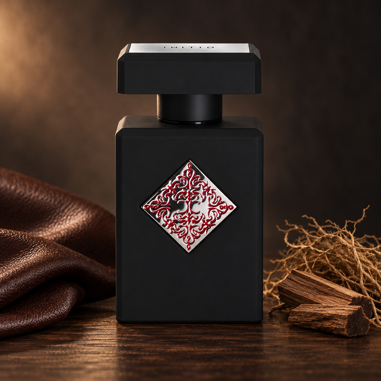 Initio Divine Attraction bottle with brown leather, vetiver roots, and cedarwood in warm studio lighting.