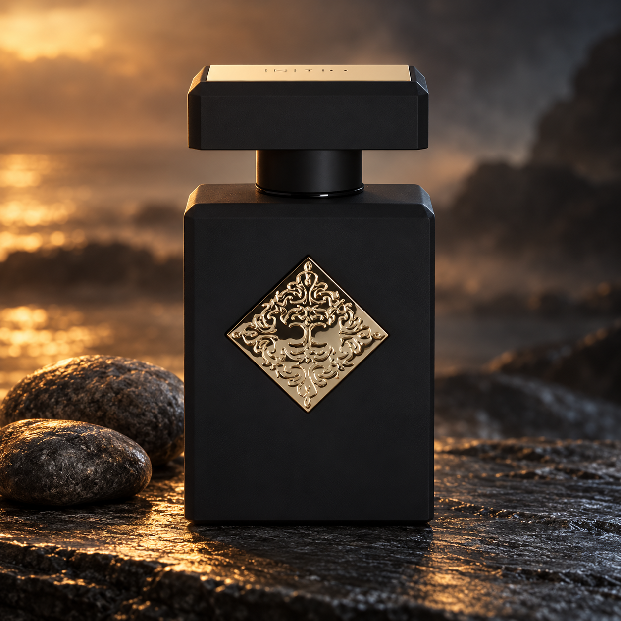 Initio Magnetic Blend 1 on dark coastal stone beside smooth pebbles, with warm sunset light and a misty ocean background.