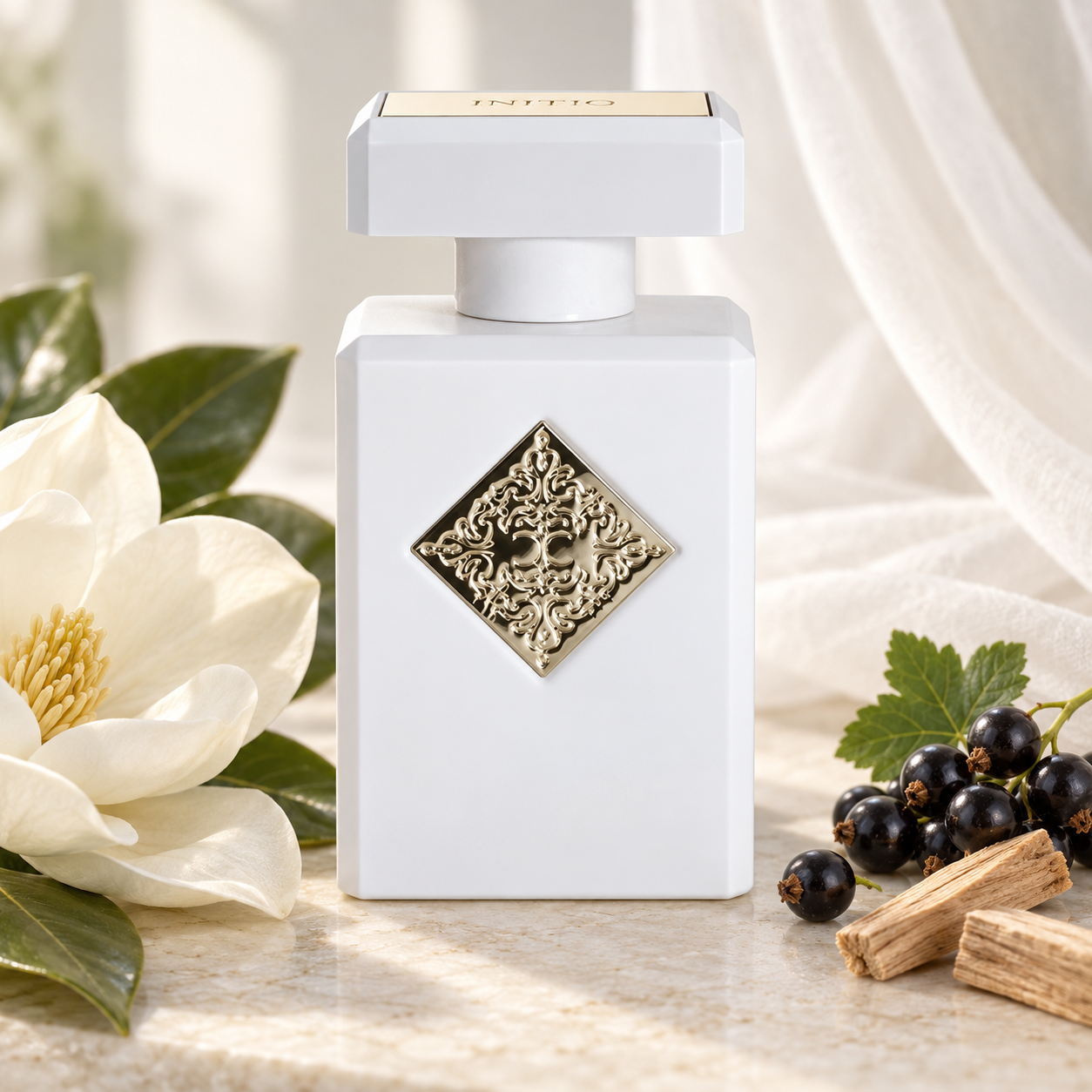 Initio Musk Therapy beside white magnolia, blackcurrants, and sandalwood on ivory stone with soft daylight and flowing white fabric.