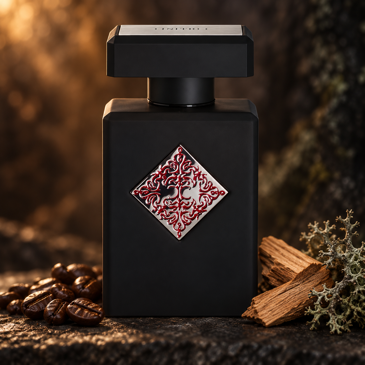 Initio Mystic Experience bottle with coffee beans, sandalwood, and oakmoss on dark stone in warm amber lighting.