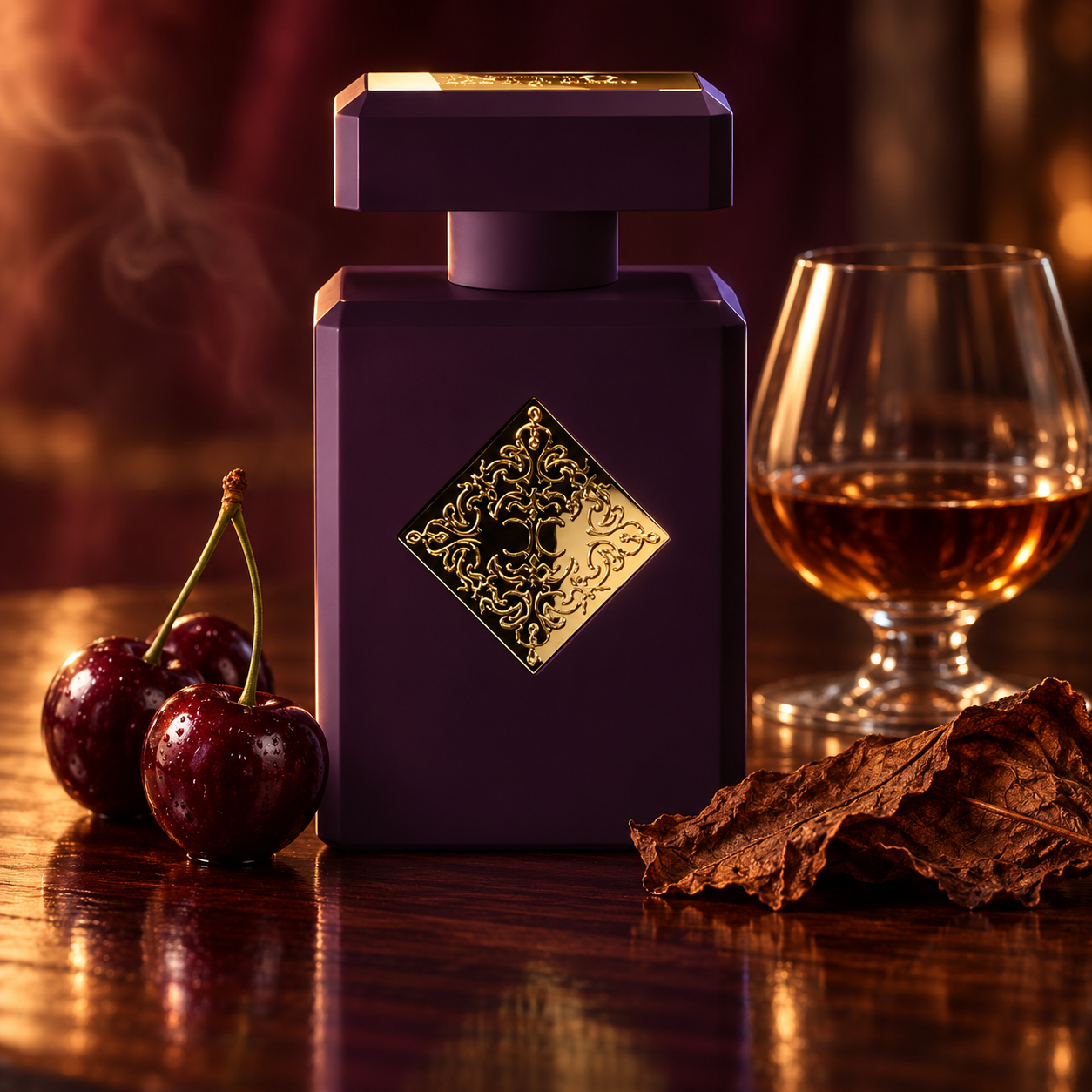 Initio Narcotic Delight beside dark cherries, a cognac glass, and a tobacco leaf on polished wood in warm amber lighting.