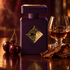 Initio Narcotic Delight beside dark cherries, a cognac glass, and a tobacco leaf on polished wood in warm amber lighting.