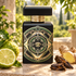 Initio Oud for Happiness beside bergamot, sliced ginger, and oud wood on pale stone in a sunlit garden setting.