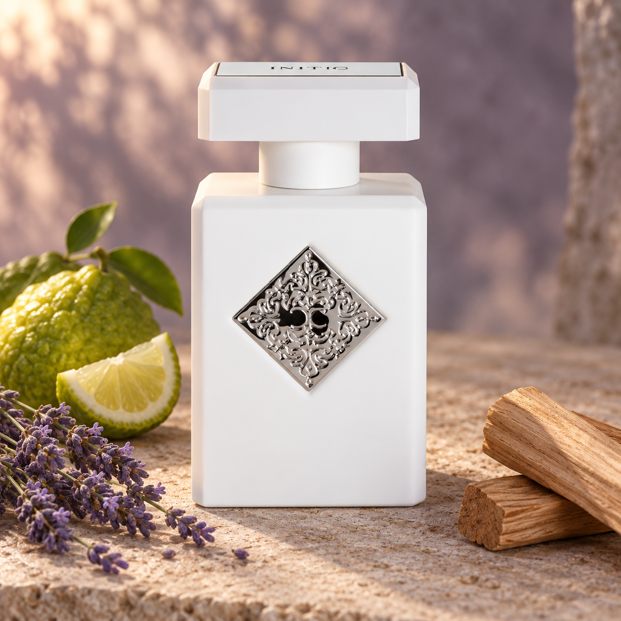 Initio Rehab bottle with lavender, bergamot, and sandalwood on warm stone in soft sunlight.