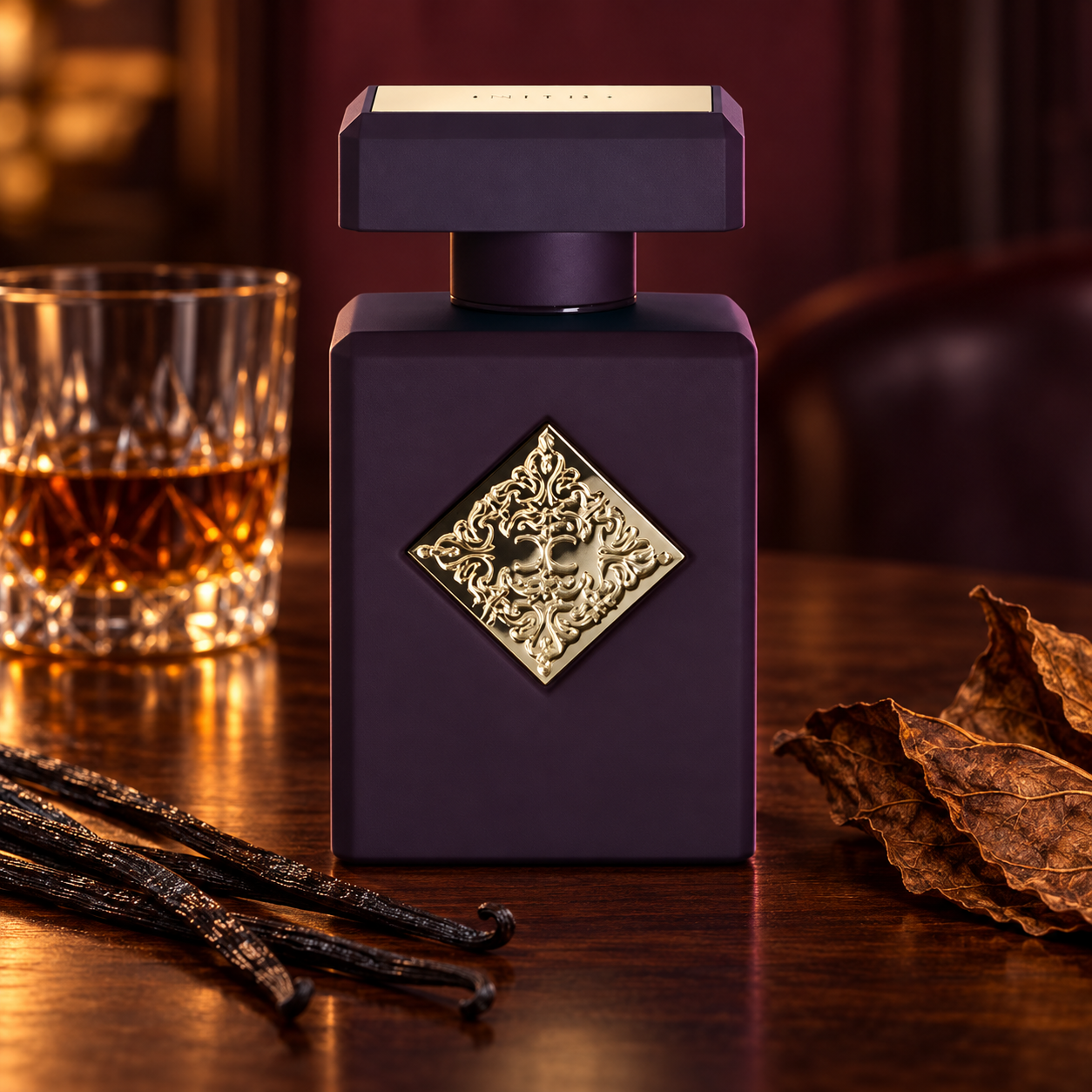 Initio Side Effect bottle with vanilla pods, tobacco leaves, and a glass of rum on dark wood in warm amber lighting.