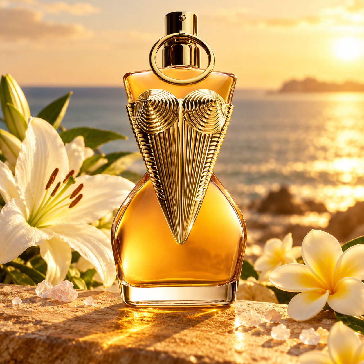 Jean Paul Gaultier Divine Le Parfum gold corset bottle with lily, frangipani and salt crystals on stone overlooking a golden sea.