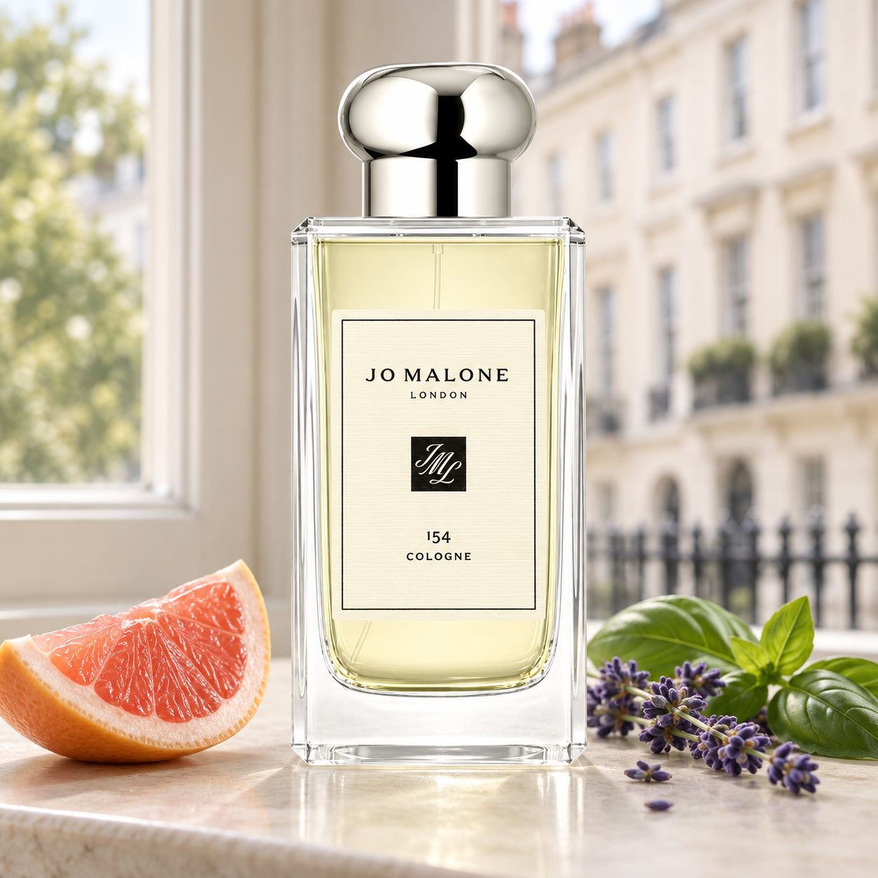 Jo Malone London 154 Cologne with grapefruit, lavender, and basil on a pale stone windowsill overlooking London-style townhouses.