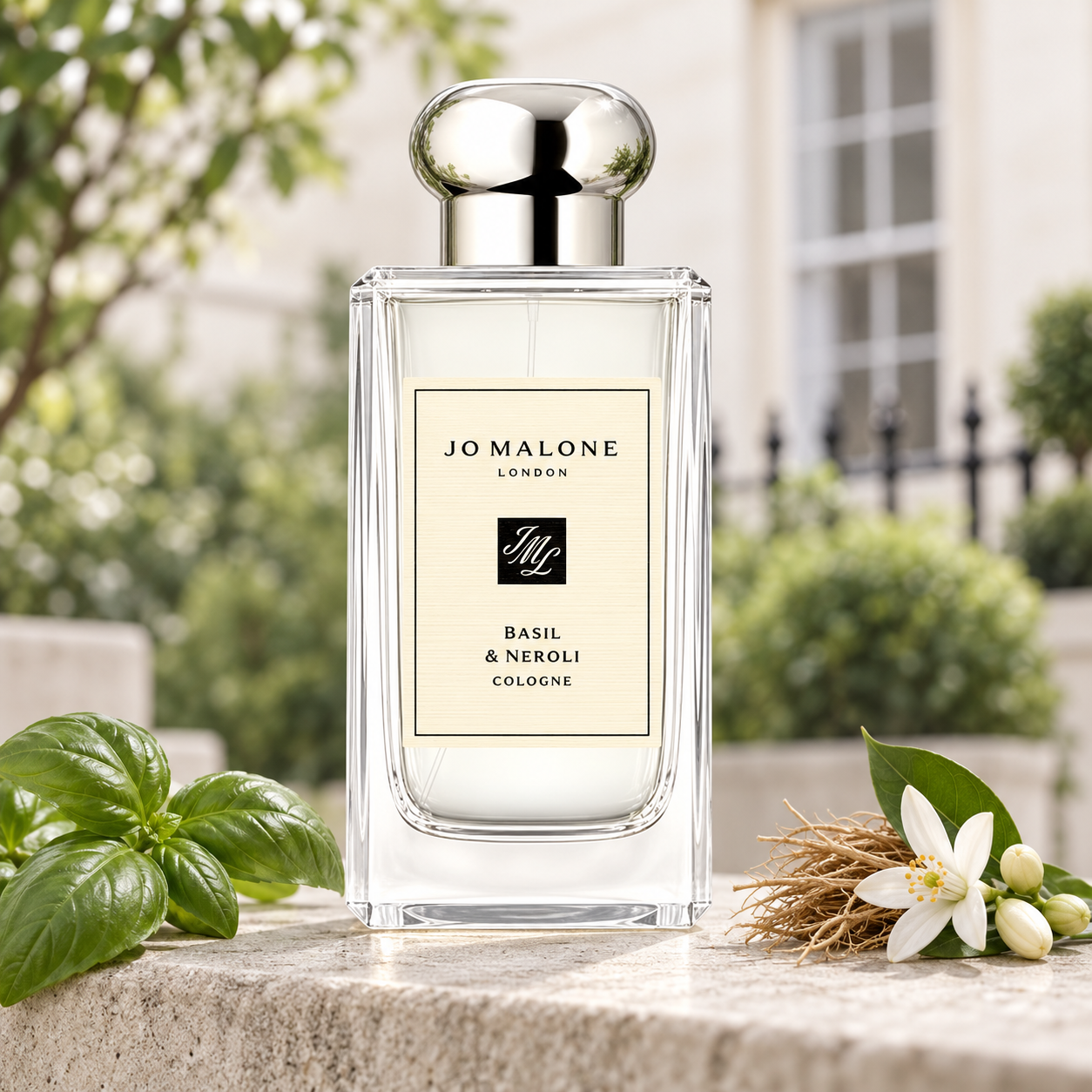 Jo Malone London Basil & Neroli on pale stone beside fresh basil, orange blossoms, and vetiver roots in a softly lit London courtyard.
