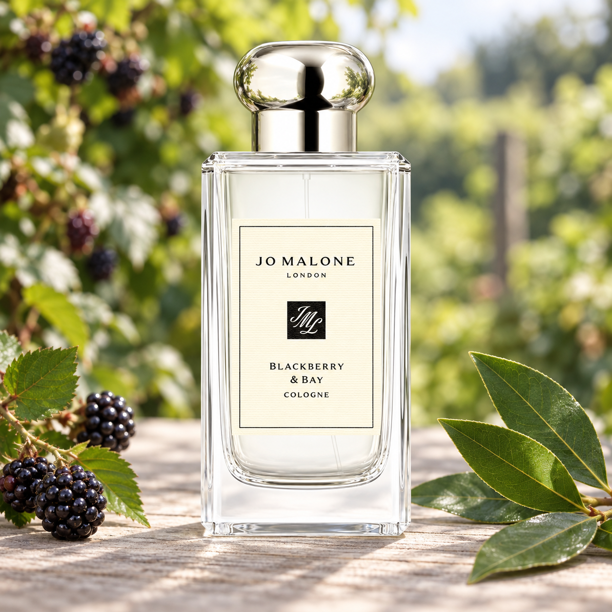 Jo Malone London Blackberry & Bay on weathered wood beside ripe blackberries and fresh bay leaves in a softly sunlit garden.