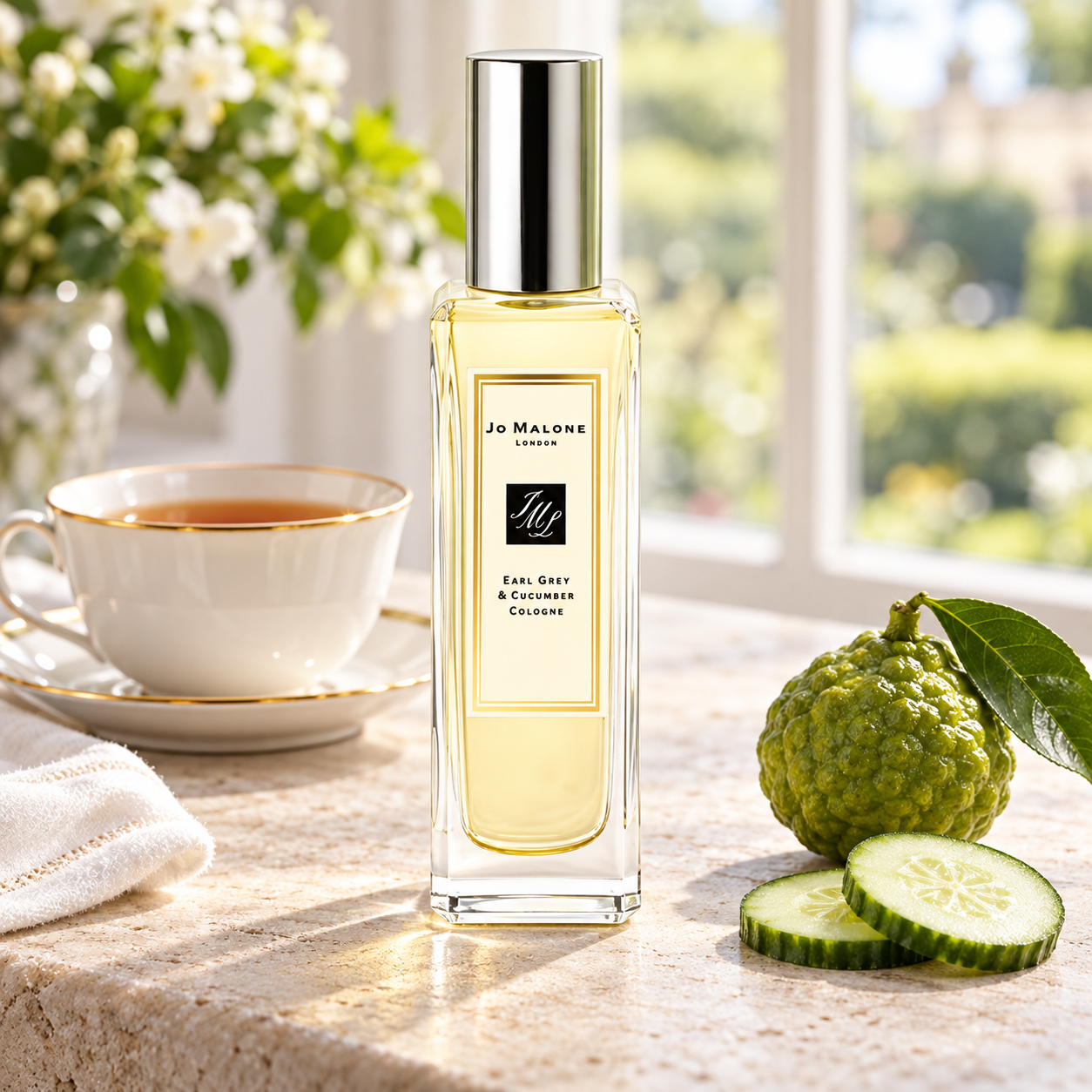 Jo Malone London Earl Grey & Cucumber bottle on pale stone beside tea, cucumber slices and a whole bergamot in soft window light.